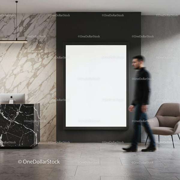 Modern Office Lobby with Marble Desk and Blank Poster JPG Mockup Image