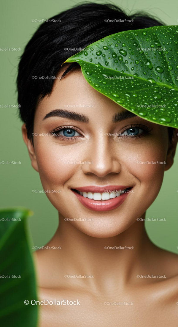 Beautiful Woman with Short Black Hair and Bright Blue Eyes Surrounded by Greenery