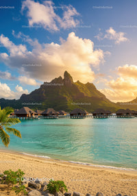 Overwater Bungalows and Mountain Island at Sunset
