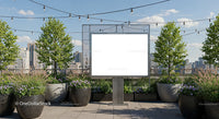 Urban rooftop garden with blank advertising billboard