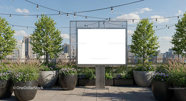 Urban rooftop garden with blank advertising billboard JPG Mockup Image