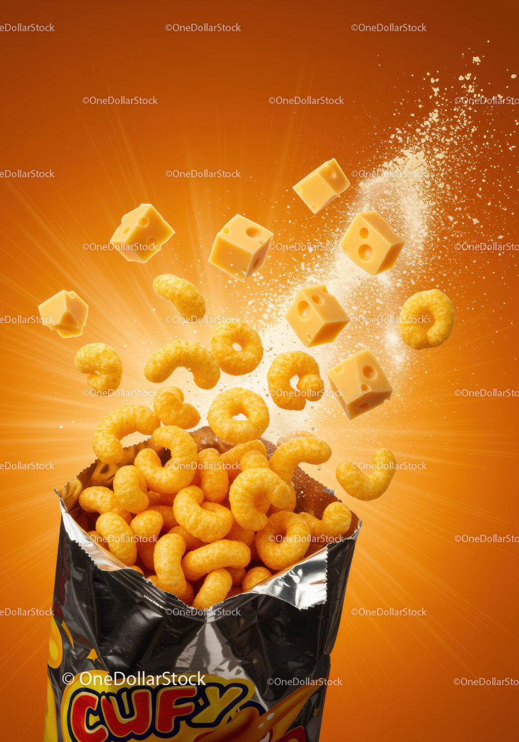 Cheese Flavored Corn Snacks Exploding from Bag