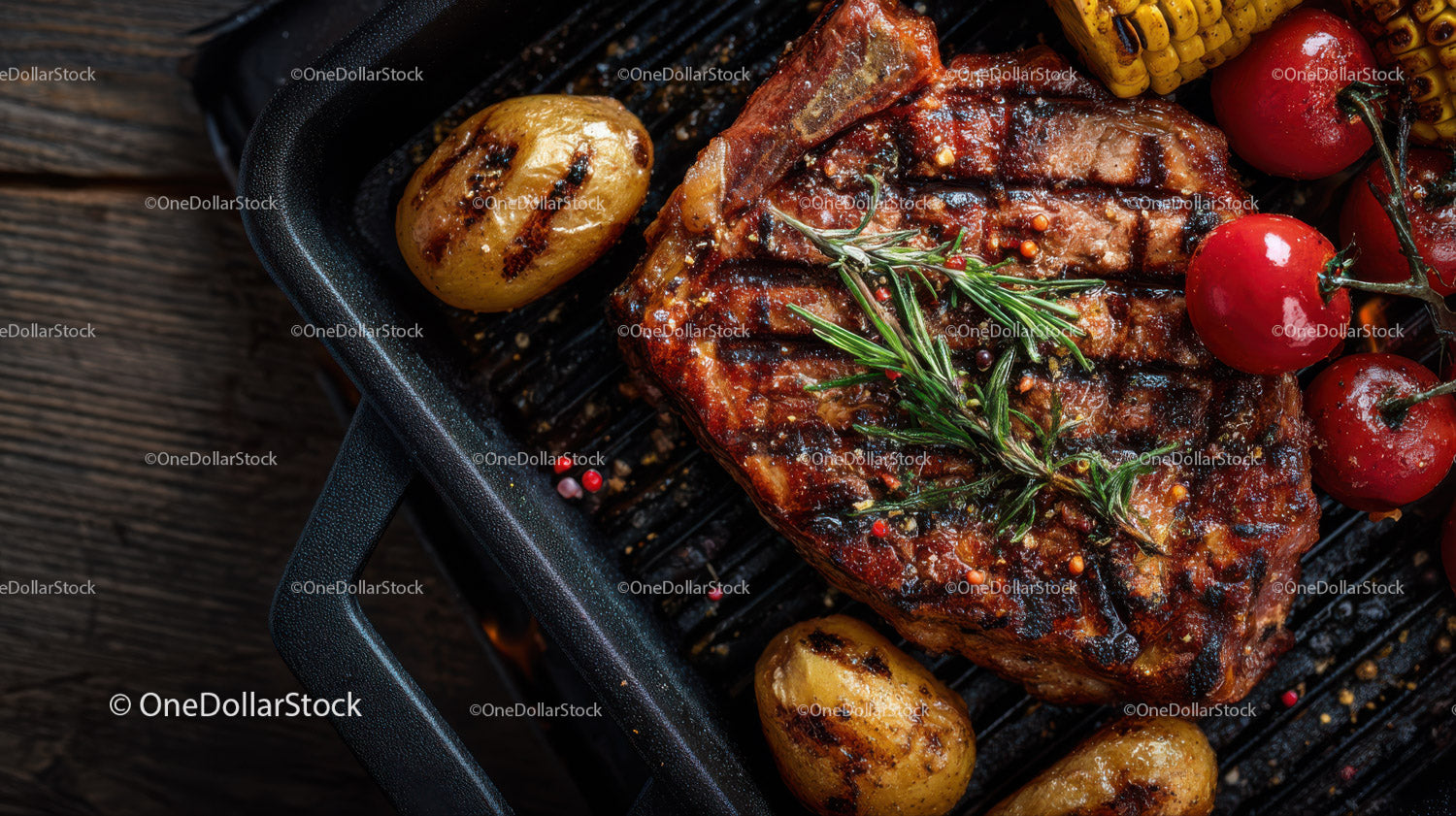 Grilled Beef Steak with Cherry Tomatoes and Baby Potatoes on BBQ Grill