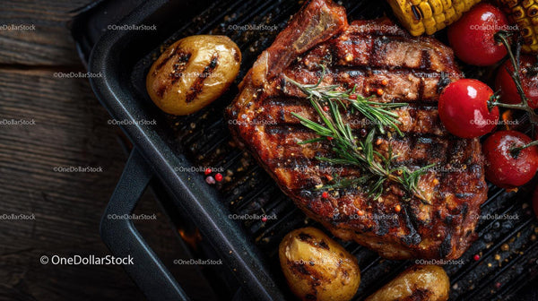 Grilled Beef Steak with Cherry Tomatoes and Baby Potatoes on BBQ Grill