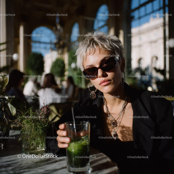 Stylish Woman with Sunglasses Sitting at Outdoor Cafe on Sunny Day