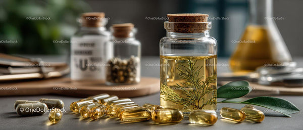 Herbal Extract Oil with Fresh Green Herb and Dietary Supplements