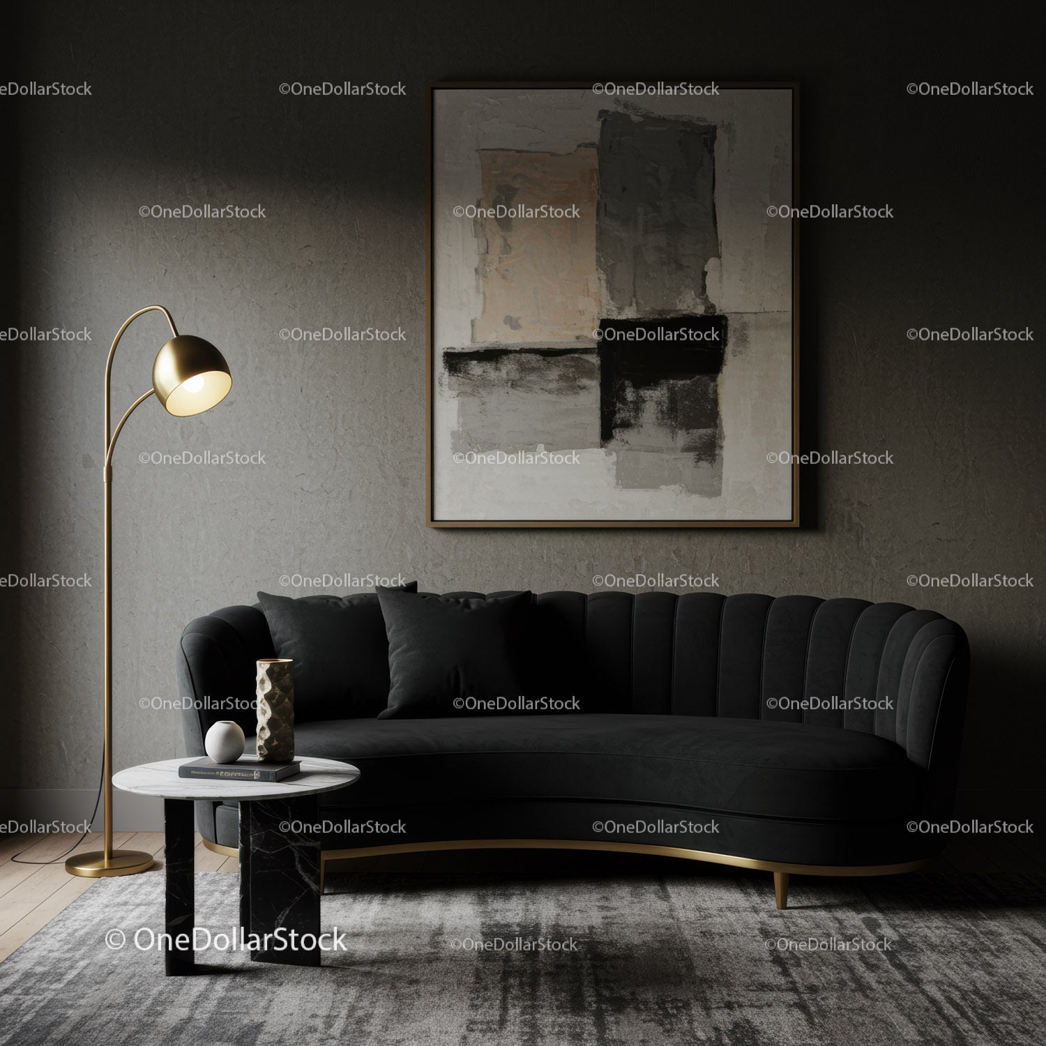 Modern living room with black velvet sofa and gold lamp
