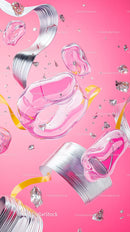 Colorful Abstract Glass Shapes with Metallic Ribbons on Pink Background