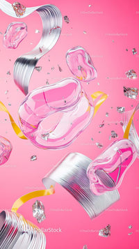 Colorful Abstract Glass Shapes with Metallic Ribbons on Pink Background