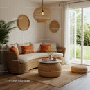 Cozy wicker living room with natural light and open door