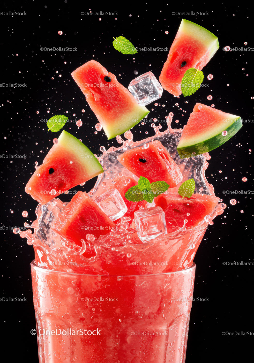 Refreshing Watermelon Splash with Ice and Mint Leaves