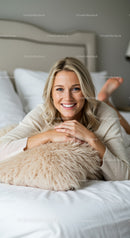 Smiling woman relaxing on bed with cozy fur pillow