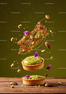 Pistachio tart with caramel decoration and petals