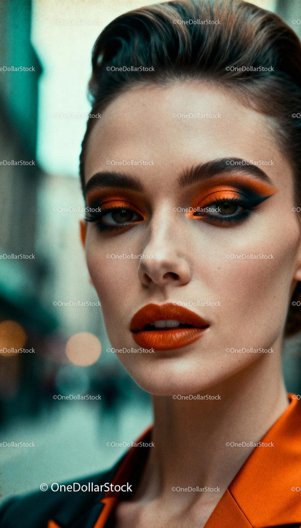 Close up portrait of woman with bold orange makeup