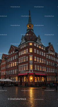 Historic Red Brick Building with Illuminated Windows and Spire at Night