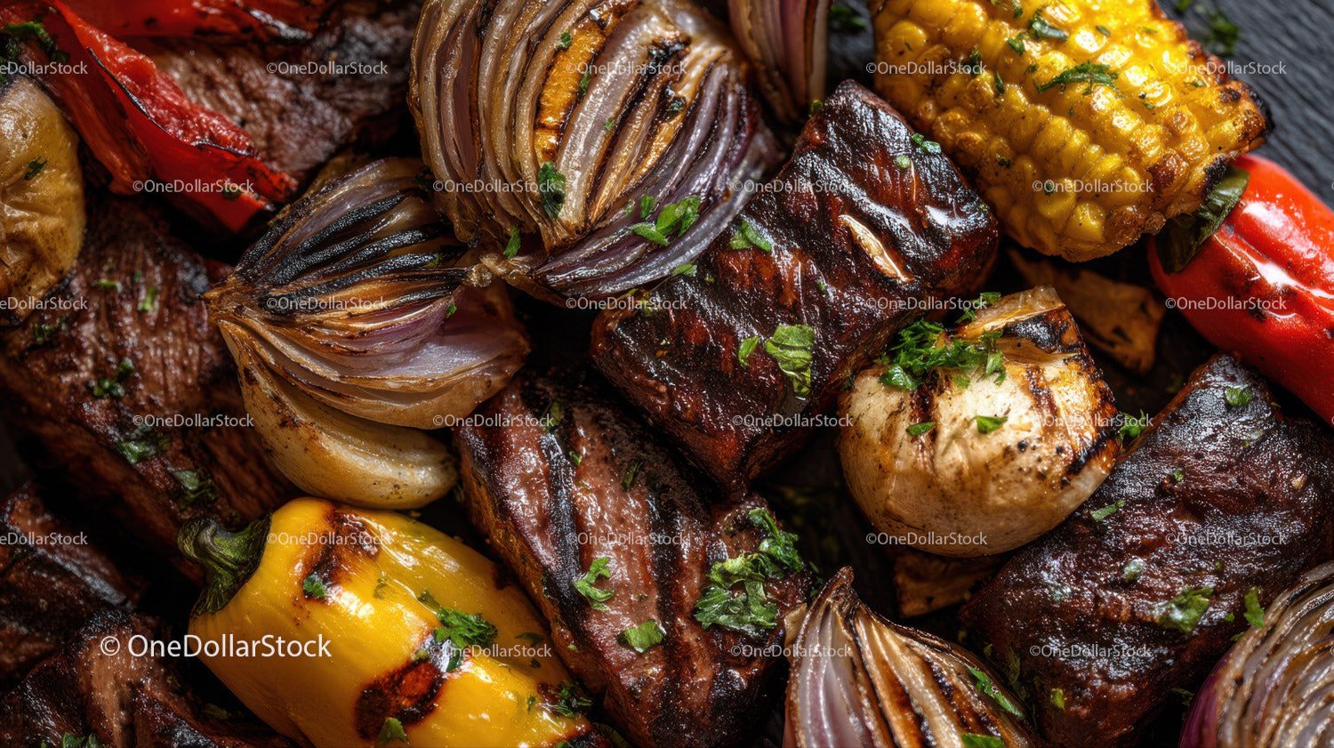 Close-Up of Assorted Grilled Vegetables and Juicy Beef