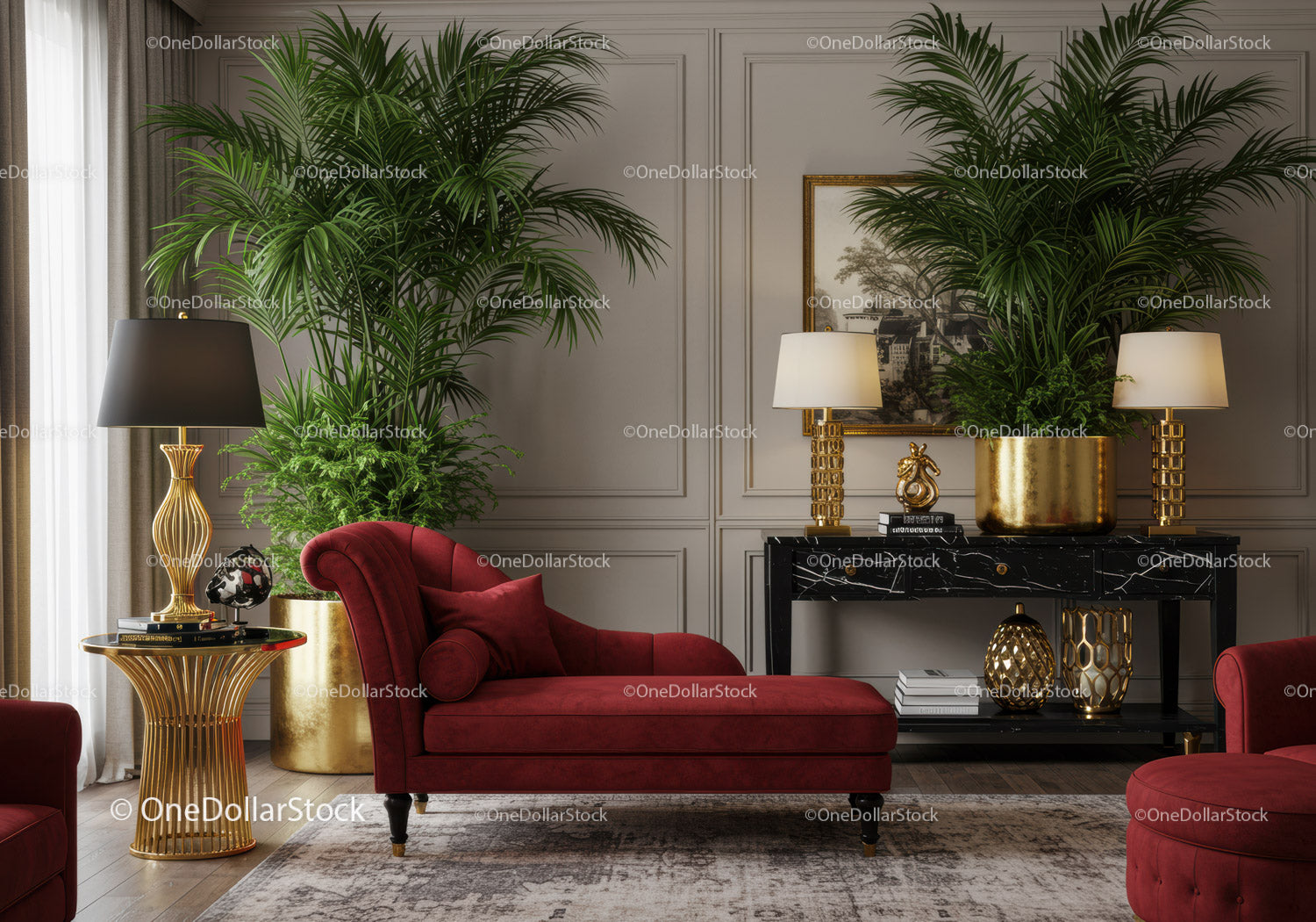 Luxurious red chaise lounge in elegant living room interior
