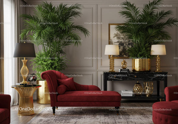 Luxurious red chaise lounge in elegant living room interior