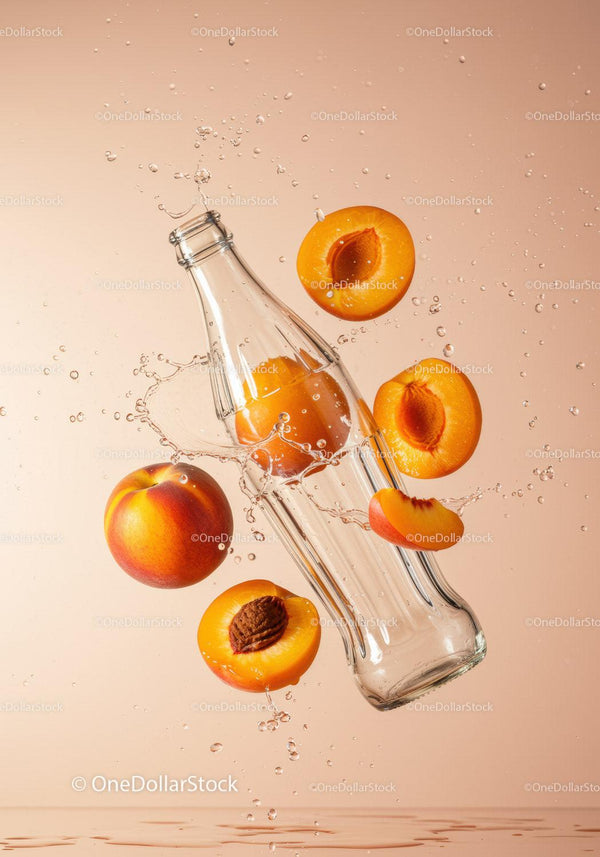 Glass bottle with fresh peaches and water splash