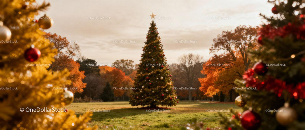 Outdoor Christmas Tree with Winter Landscape and Decorations