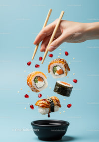 Hand Picking Fresh Sushi Roll with Chopsticks Over Bowl