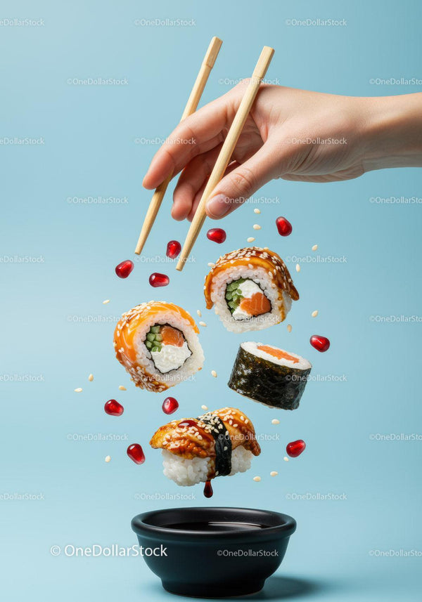 Hand Picking Fresh Sushi Roll with Chopsticks Over Bowl