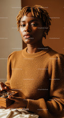 Elegant Black Woman Wearing Brown Sweater with Dreadlocks Holding Jewelry