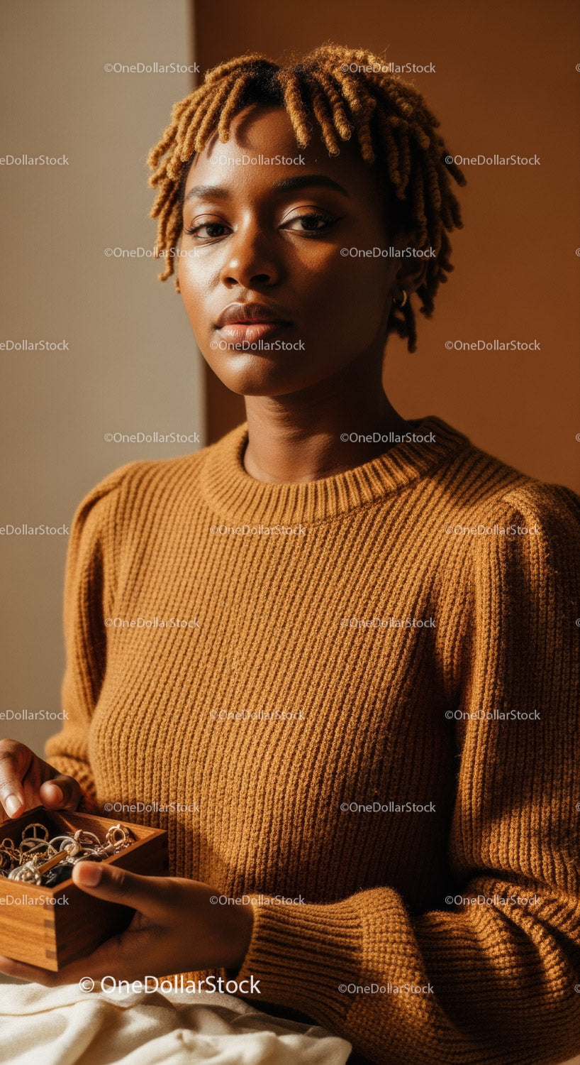 Elegant Black Woman Wearing Brown Sweater with Dreadlocks Holding Jewelry
