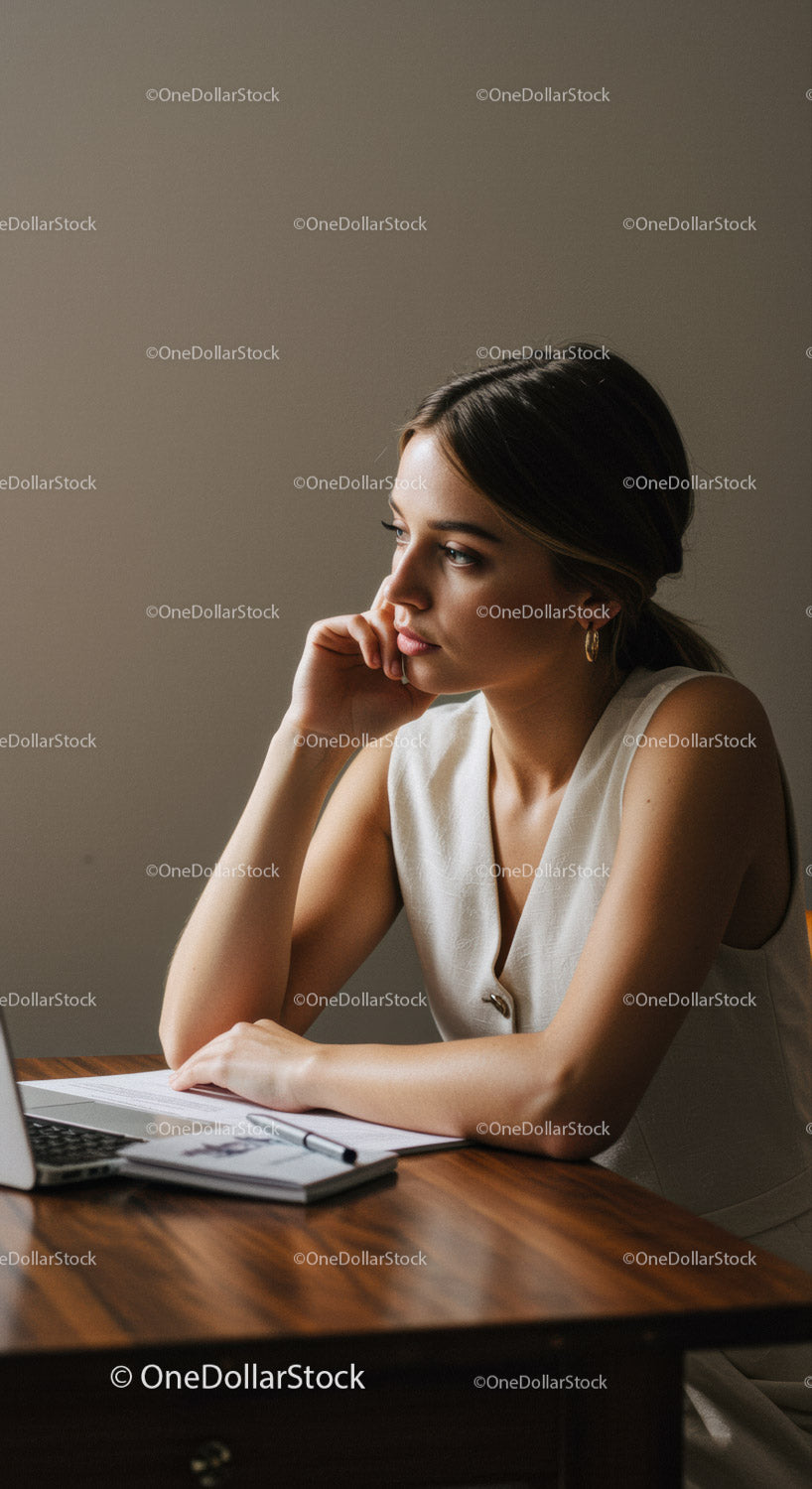 Professional Woman Working at Desk with Laptop and Notebook