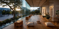 Bright Modern Dance Studio with Floor-to-Ceiling Windows and Wooden Floor