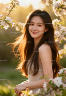 Young woman with flowing hair among spring blossoms