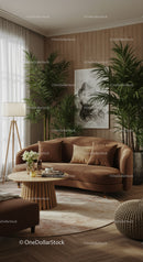 Cozy living room with earthy sofa and green plants