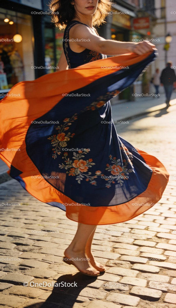 Woman twirling in vibrant embroidered summer dress