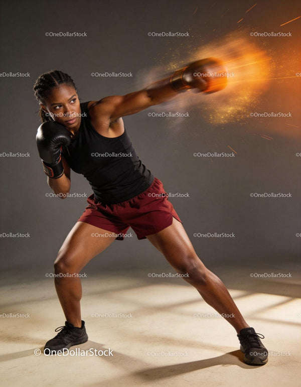 Determined female boxer throwing powerful punch