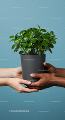 Two pairs of hands holding a green houseplant pot
