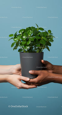 Two pairs of hands holding a green houseplant pot