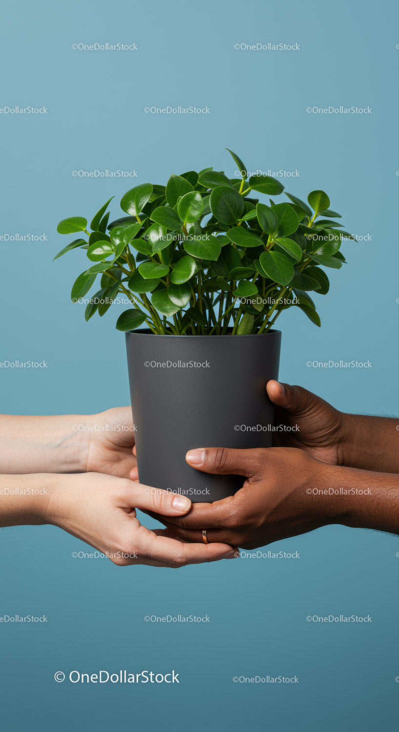 Two pairs of hands holding a green houseplant pot