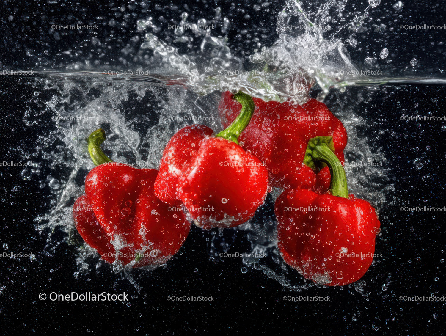 Fresh Red Bell Peppers Splashing in Water in a Dynamic Underwater Scene
