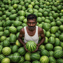 Dedicated Farmer Holding Watermelon Among Abundant Harvest