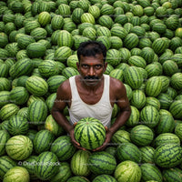 Dedicated Farmer Holding Watermelon Among Abundant Harvest