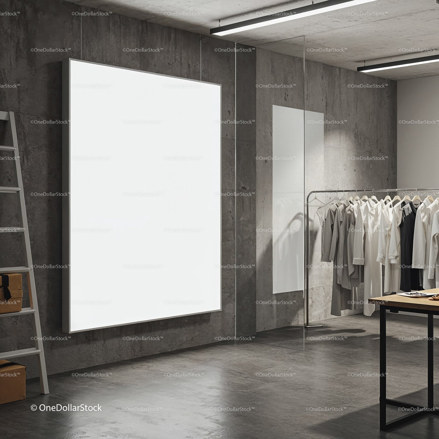 Modern minimalist clothing store interior with blank poster