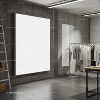 Modern minimalist clothing store interior with blank poster