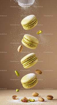 Green pistachio macarons dusted with powdered sugar