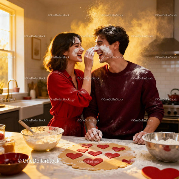 Couple Playfully Baking Heart-Shaped Cookies at Home