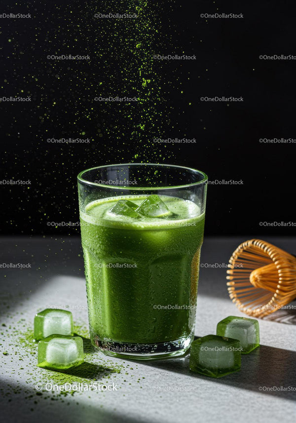 Refreshing iced matcha green tea with powder splash