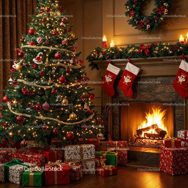 Festive Christmas living room with decorated tree and fireplace