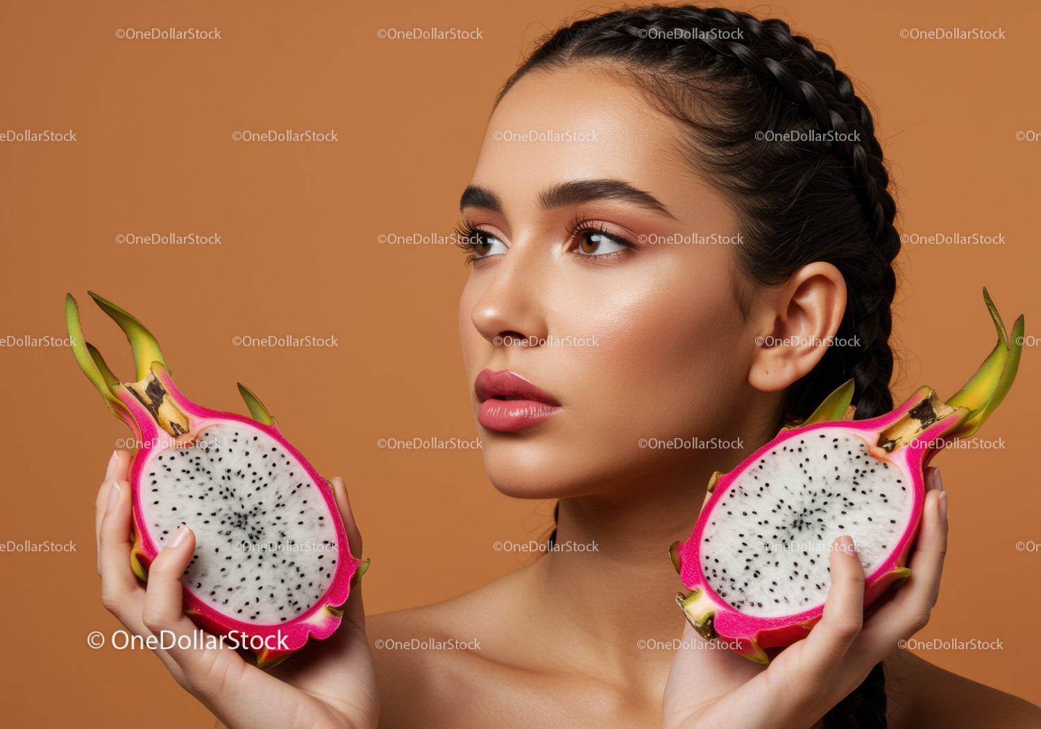 Portrait of a Woman Holding Fresh Exotic Dragon Fruit