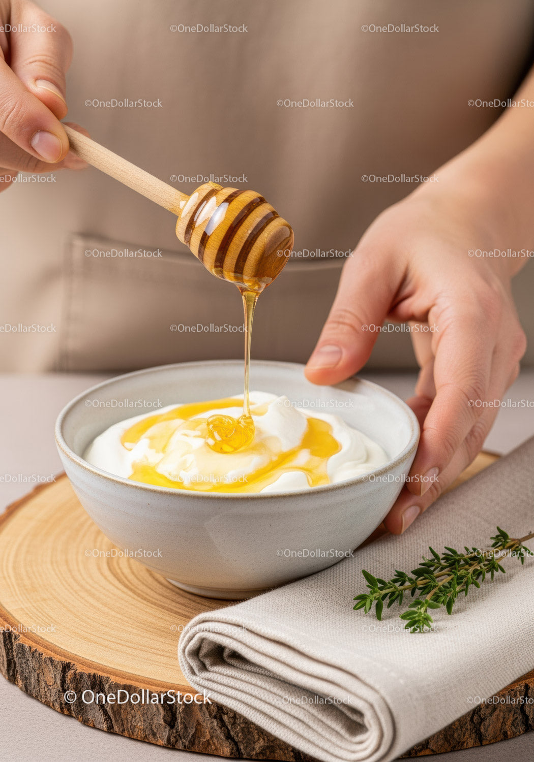 Honey Drizzling Over Yogurt in Rustic Kitchen Setting