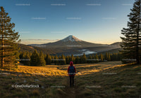 Scenic Mountain Landscape with Hiker in Foreground and Snow-Capped Peak