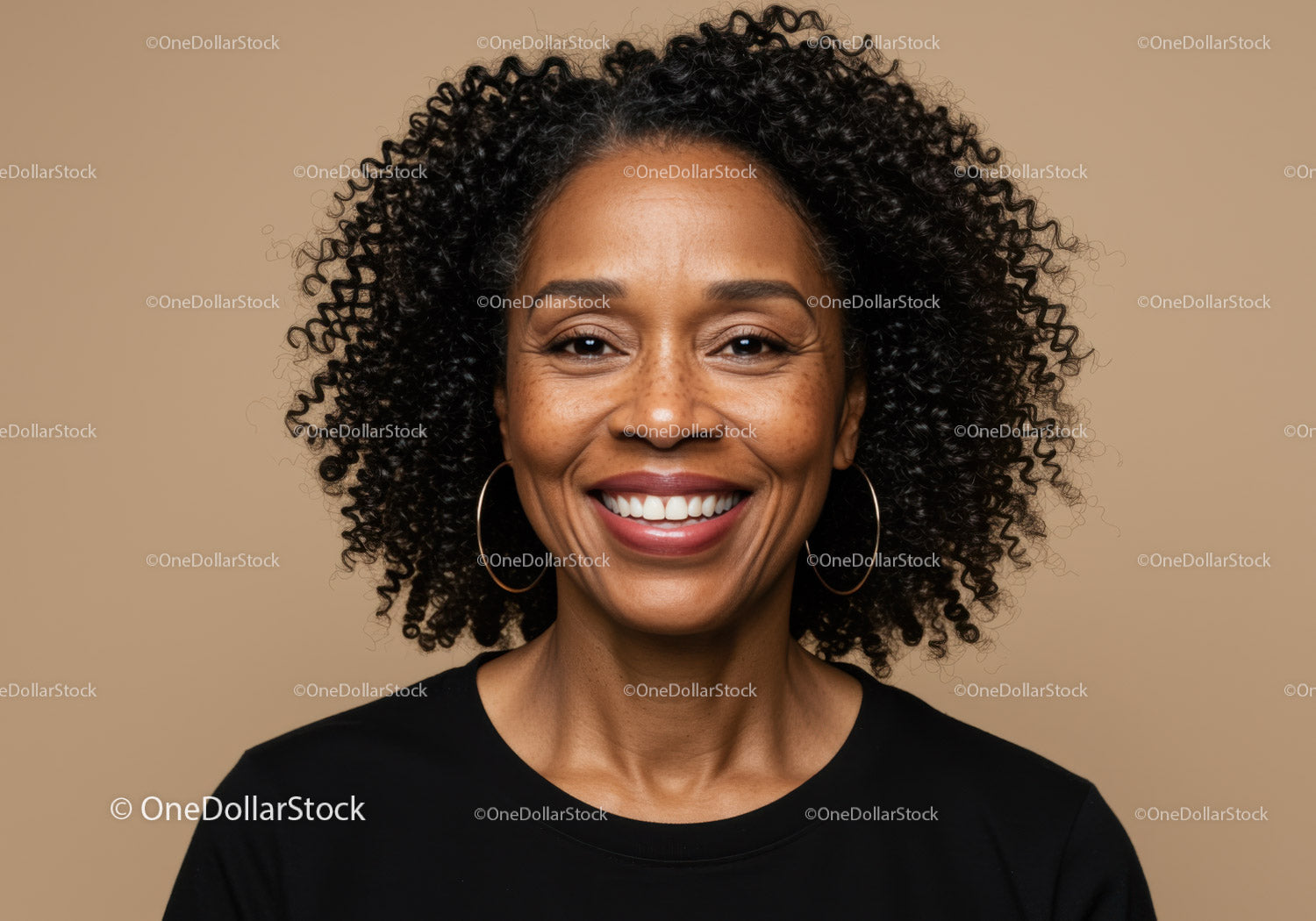 Joyful African American Woman with Curly Hair and Bright Smile